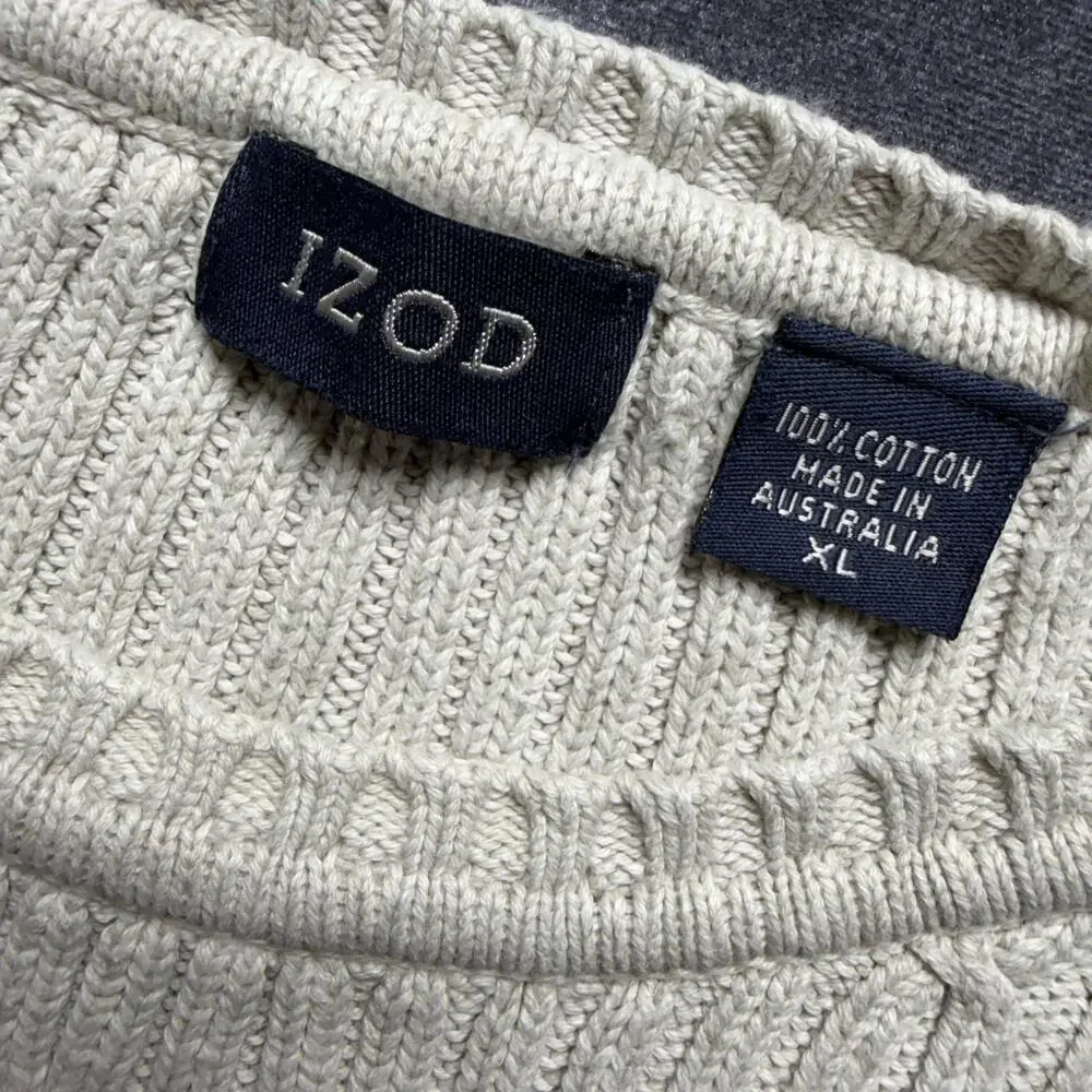 IZOD Sweater Mens XL Beige Cotton Knit Textured Crew Neck Pullover Top